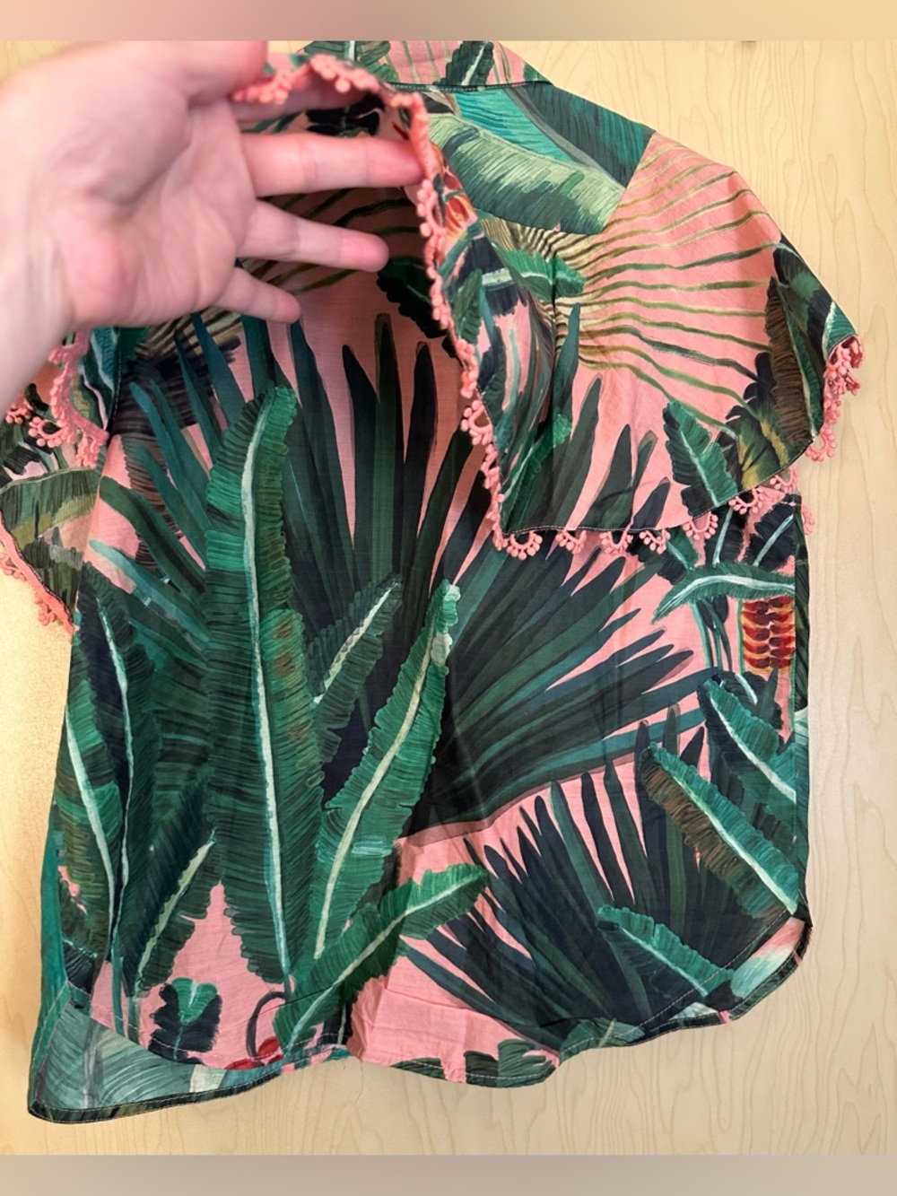 FARM Rio Pink and Green Tropical Leaf Ruffle Blouse - Picture 10 of 10